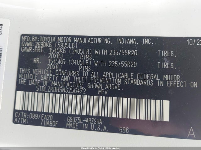 Продаж на аукціоні авто 2022 Toyota Highlander Xse, vin: 5TDLZRBH5NS256472, номер лоту: 43150543