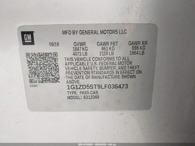 1G1ZD5ST9LF036473 Chevrolet lfv - direct injection, variable valve timing, gen 1