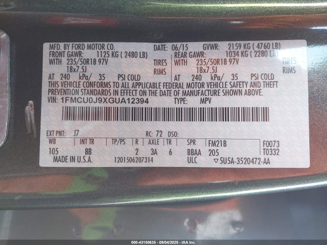 1FMCU0J9XGUA12394 Ford 2016