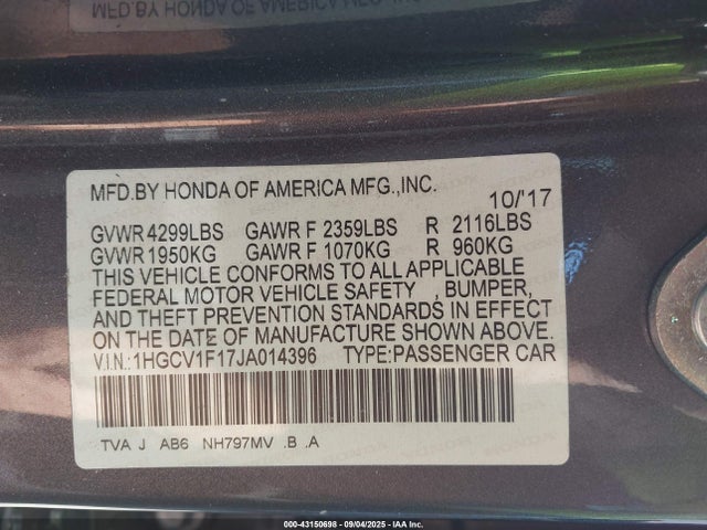 Honda l15be 2018 1HGCV1F17JA014396 Image 9