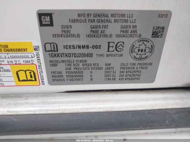 43150728 :رقم المزاد ، 1GKKVTKD7DJ208408 vin ، 2013 Gmc Acadia Denali مزاد بيع