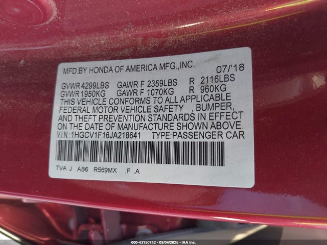 1HGCV1F16JA218641 Honda l15be