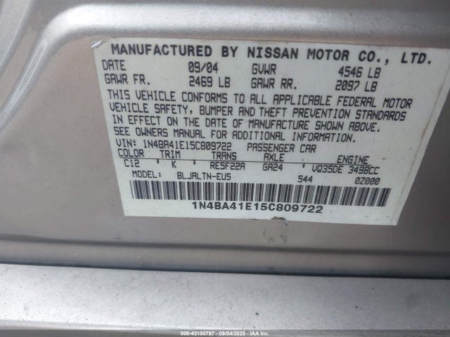 Aukcja sprzedaży 2005 Nissan Maxima 3.5 Se, vin: 1N4BA41E15C809722, numer aukcji: 43150797