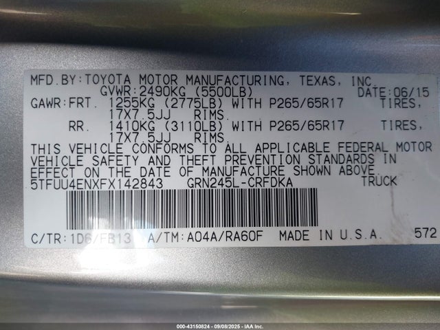 5TFUU4ENXFX142843 Toyota 1gr-fe