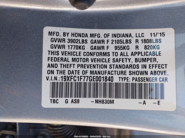 19XFC1F77GE001840 Honda l15b7