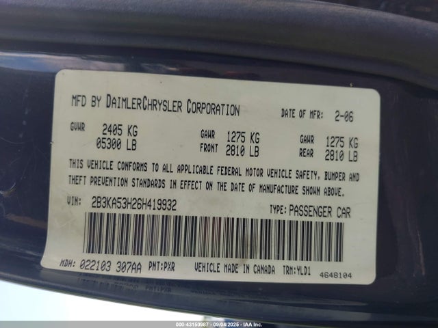 2006 Dodge Charger Rt მანქანა იყიდება აუქციონზე, vin: 2B3KA53H26H419932, აუქციონის ნომერი: 43150987
