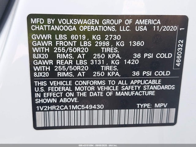 1V2HR2CA1MC549430 Volkswagen 3.6 fsi