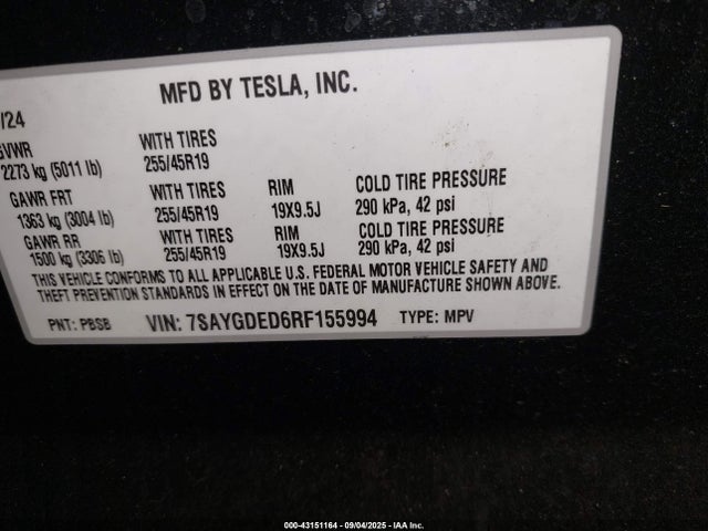 Aukcja sprzedaży 2024 Tesla Model Y Rwd, vin: 7SAYGDED6RF155994, numer aukcji: 43151164