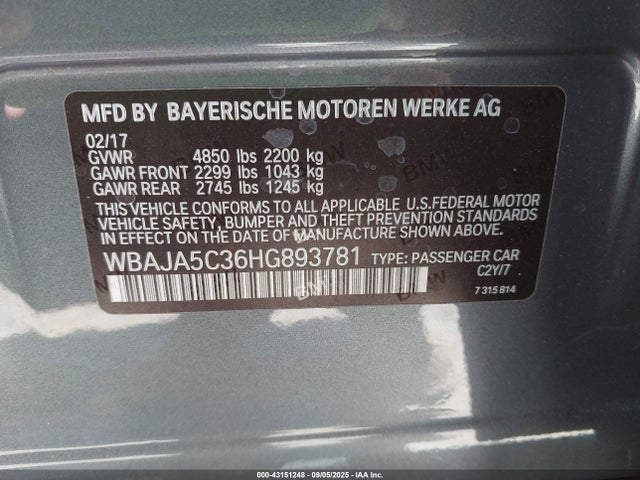 BMW 2017 2017 WBAJA5C36HG893781 Image 9