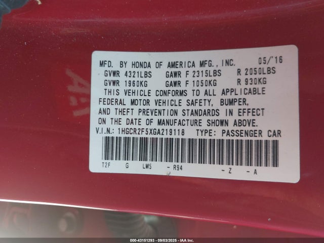 1HGCR2F5XGA219118 Honda k24w1