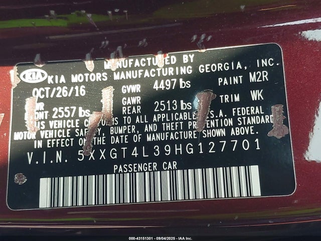 5XXGT4L39HG127701 KIA g 2.4 dohc gdi