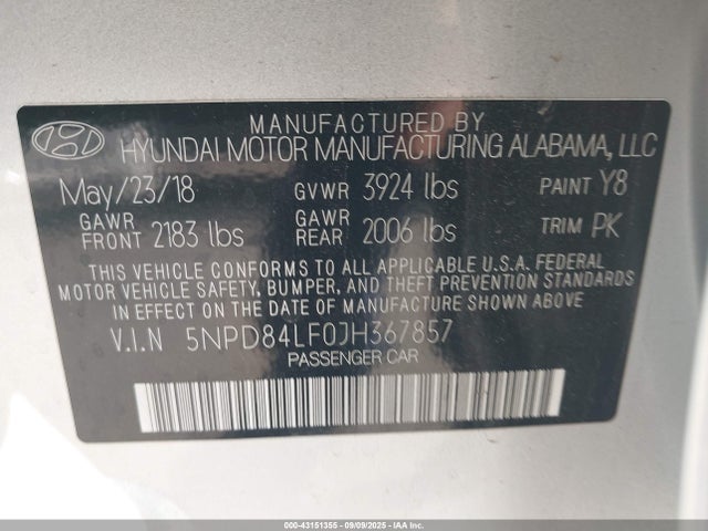 5NPD84LF0JH367857 Hyundai mpi nu