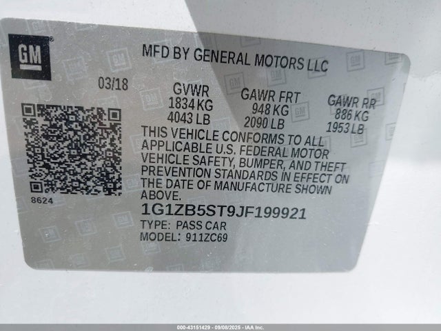 1G1ZB5ST9JF199921 Chevrolet lfv - direct injection, variable valve timing, gen 1