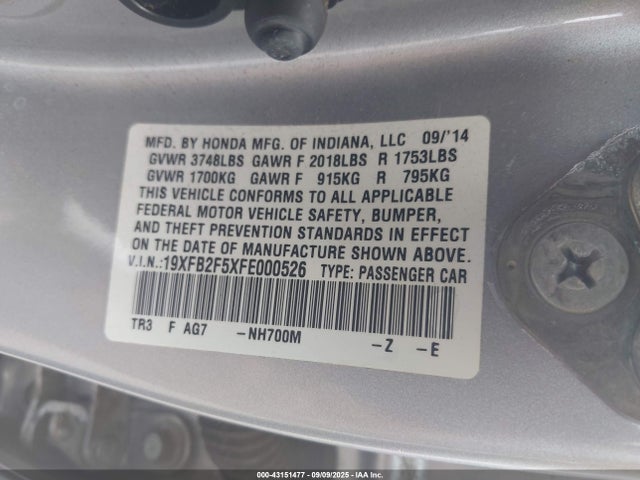 Honda Civic Lx 2015 19XFB2F5XFE000526 Image 9