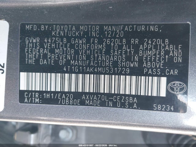 4T1G11AK4MU531729 Toyota CAMRY SE