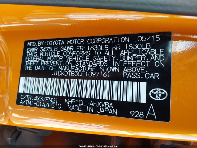 JTDKDTB30F1097161 Toyota 1nz-fxe+1lm
