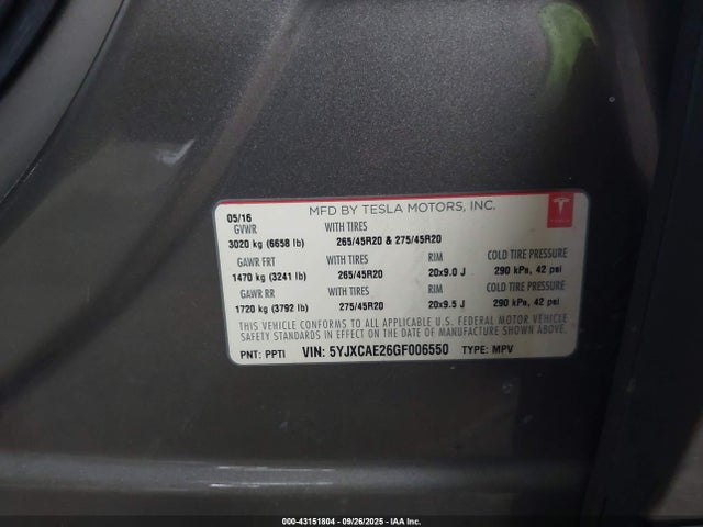2016 TESLA MODEL X 5YJXCAE26GF006550 Photo 8