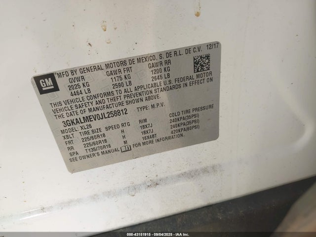 3GKALMEV0JL258812 GMC lyx - direct injection, vvt, fgt, turbo, alum, gen 1