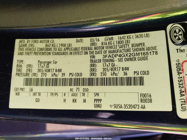 3FADP4GX2GM165178 Ford 1.6l gtdi