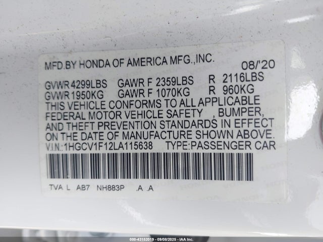 2020 HONDA ACCORD 1HGCV1F12LA115638 Photo 8
