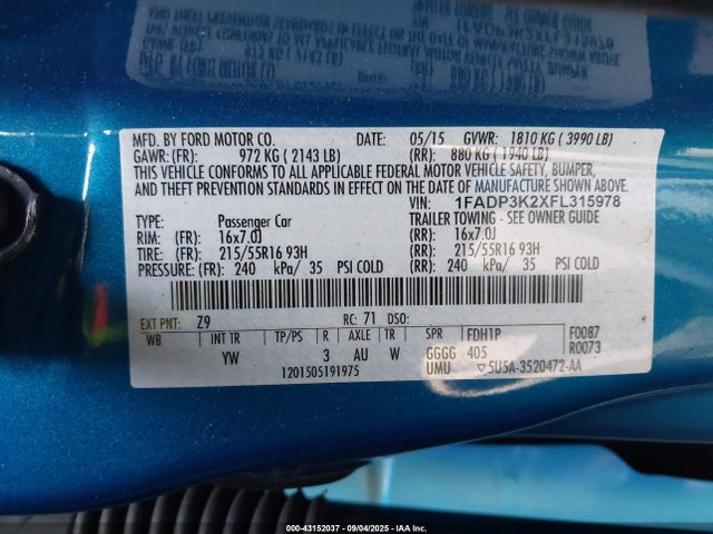 Ford 2015 2015 1FADP3K2XFL315978 Image 9