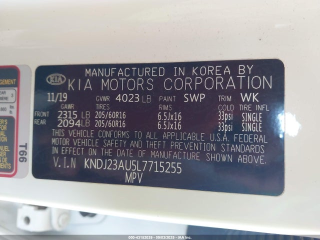 KNDJ23AU5L7715255 KIA mpi nu