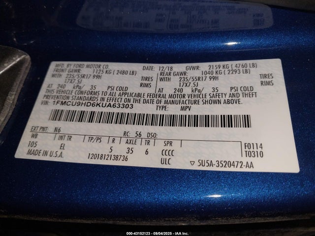 1FMCU9HD6KUA63303 Ford 1.5l gtdi sigma w/premium fuel