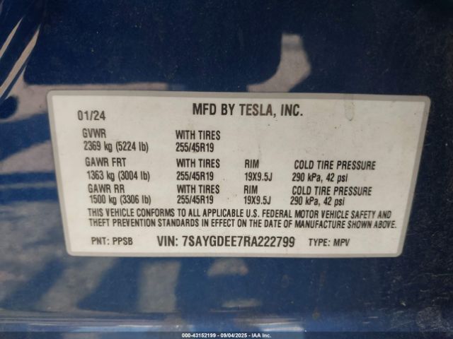 2024 TESLA MODEL Y 7SAYGDEE7RA222799 Photo 8