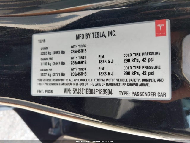 Продаж на аукціоні авто 2018 Tesla Model 3 Long Range/performance, vin: 5YJ3E1EB0JF183904, номер лоту: 43152281