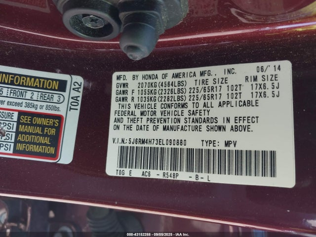 Honda k24z7 2014 5J6RM4H73EL090880 Image 9