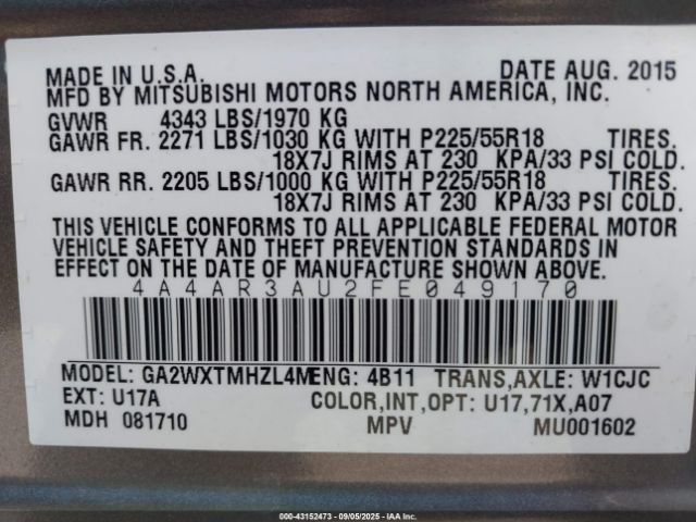 2015 MITSUBISHI OUTLANDER SPORT 4A4AR3AU2FE049170 Photo 8