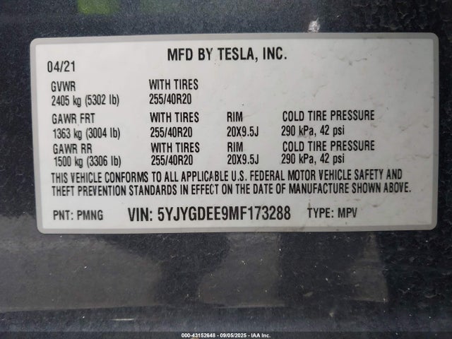 2021 TESLA MODEL Y 5YJYGDEE9MF173288 Photo 8