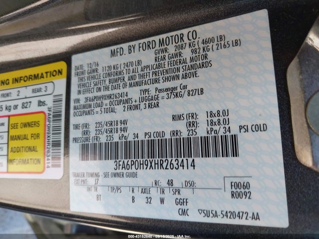 3FA6P0H9XHR263414 Ford 2.0l gtdi premium fuel