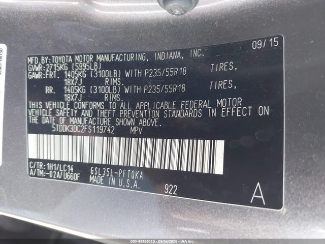 5TDDK3DC2FS119742 Toyota 2gr-fks