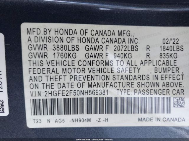 2022 HONDA CIVIC 2HGFE2F50NH569381 Photo 8