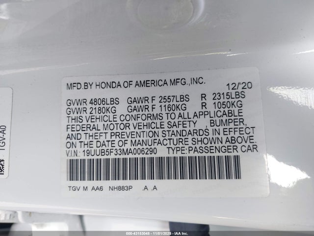 Продаж на аукціоні авто 2021 Acura Tlx Standard, vin: 19UUB5F33MA006290, номер лоту: 43153048
