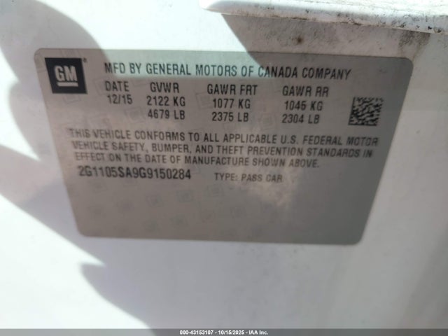 Продажа на аукционе авто 2016 Chevrolet Impala 1lt, vin: 2G1105SA9G9150284, номер лота: 43153107