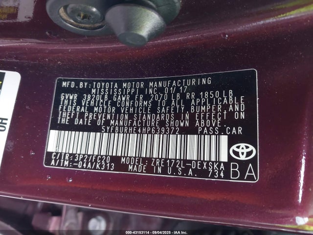 5YFBURHE4HP639372 Toyota 2zr-fe