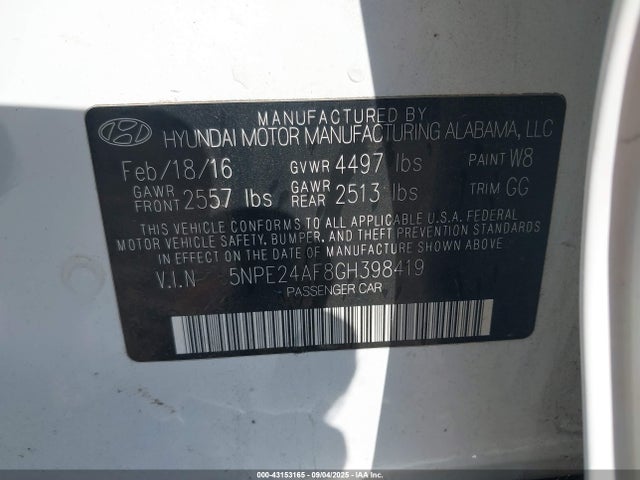 5NPE24AF8GH398419 Hyundai dohc gdi theta-ii