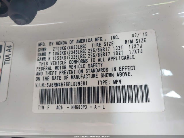 Honda k24w9 2015 5J6RM4H76FL099591 Image 9