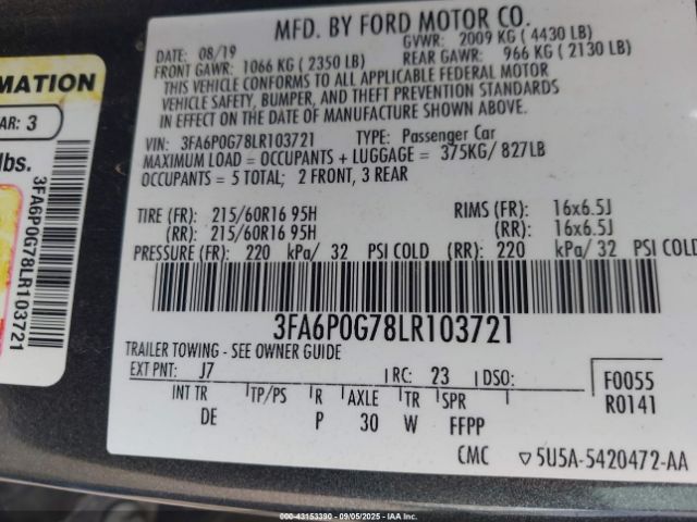 2020 FORD FUSION 3FA6P0G78LR103721 Photo 8