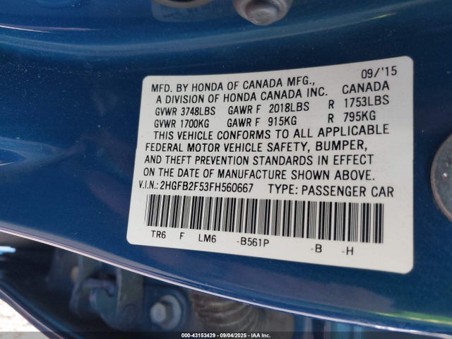 Honda r18z1 2015 2HGFB2F53FH560667 Image 9