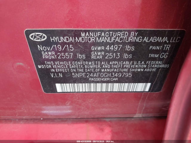 5NPE24AF0GH349795 Hyundai dohc gdi theta-ii