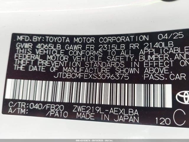 Toyota 2zr-fxe 2025 JTDBCMFEXS3096375 Image 9