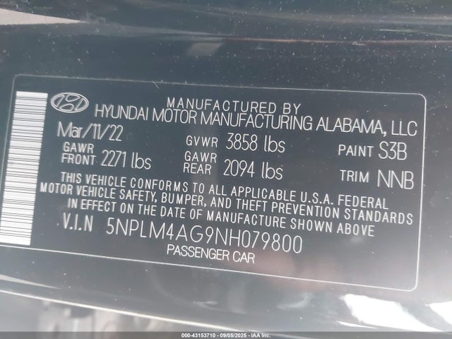 5NPLM4AG9NH079800 Hyundai mpi nu pe