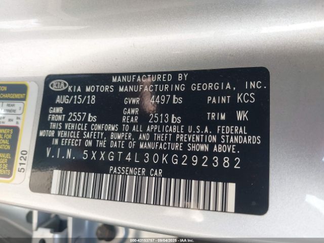 2019 KIA OPTIMA 5XXGT4L30KG292382 Photo 8