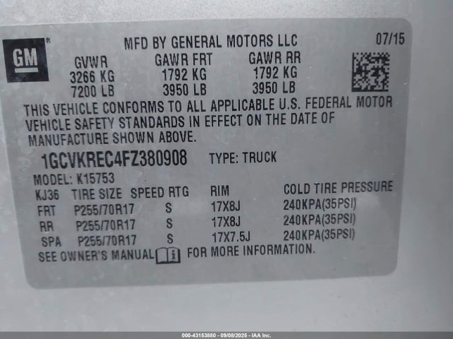 1GCVKREC4FZ380908 Chevrolet l83 - vvt, active fuel management, aluminum