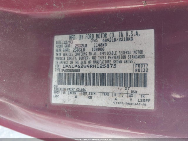 Aukcja sprzedaży 1994 Ford Thunderbird Lx, vin: 1FALP62W4RH125875, numer aukcji: 43153928