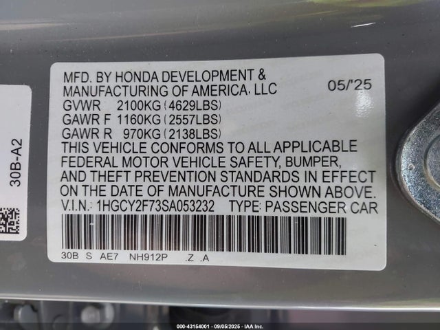 Honda lfc5 2025 1HGCY2F73SA053232 Image 9