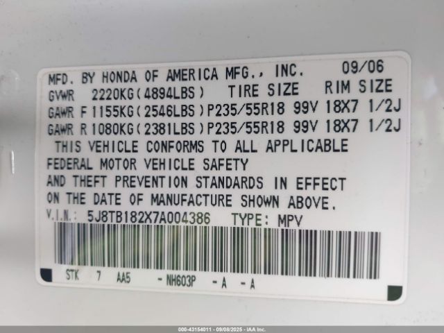 2007 ACURA RDX 5J8TB182X7A004386 Photo 8